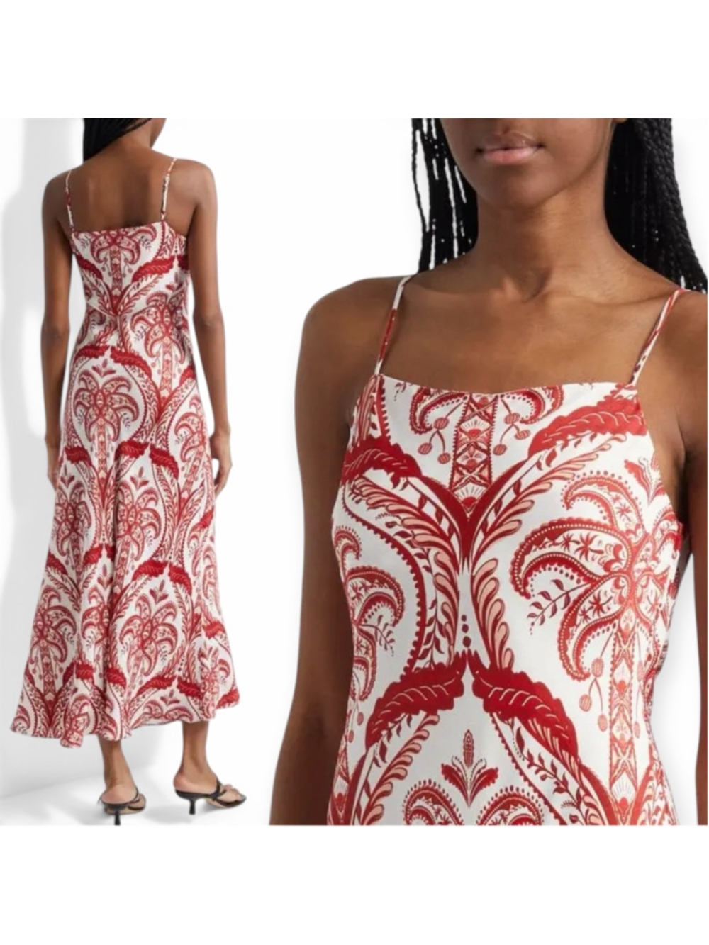 Farm Rio Tropical Cameo Slip Dress Red White Paisley Print Maxi Size Small NWT